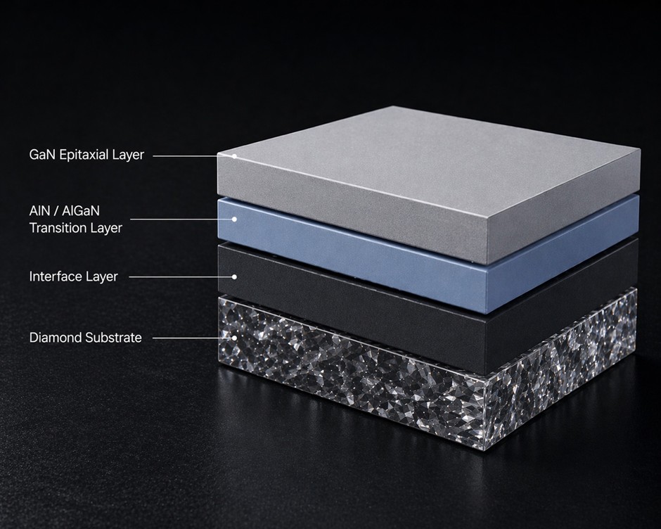 GaN-on-Diamond layer stack: GaN epitaxial layer, AlN/AlGaN transition layer, interface layer, diamond substrate